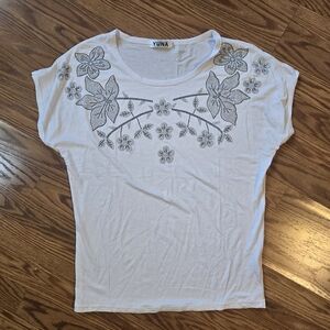 Yuna White Floral Women's Top Embellished Size L/XL